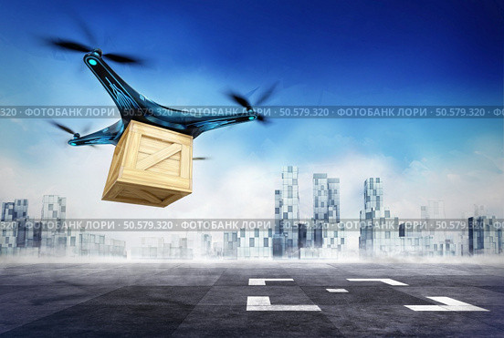 modern drone transportation concept 3D illustration. Drone delivery of wooden box with the goods on airport target. Стоковое фото, агентство Ingram Publishing / Фотобанк Лори