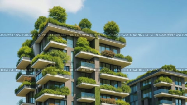 Modern eco apartment building with green rooftop gardens and balcony plants. Стоковое AI-видео, аниматор Екатерина Усенко / Фотобанк Лори