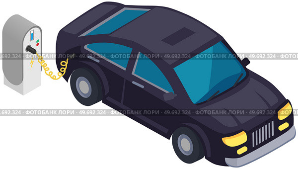 Modern electric smart car charging, automobile parking at charger station with plug in cable. Electrified future transportation e-motion. Environmentally friendly transport using renewable energy. Modern electric smart car charging, automobile parking at charger station for eco transport. Стоковая иллюстрация, агентство Ingram Publishing / Фотобанк Лори