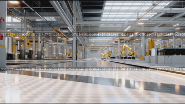 Modern factory interior showcasing advanced robotics and automation technology in a spacious manufacturing facility. Стоковое AI-видео, аниматор Сергей Толмачёв / Фотобанк Лори