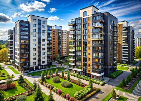 Modern high-rise residential buildings. Construction of new residential areas. New buildings. The construction business. Mortgage for new eco-friendly housing. Стоковое AI-изображение, AI-художник Photojuli / Фотобанк Лори