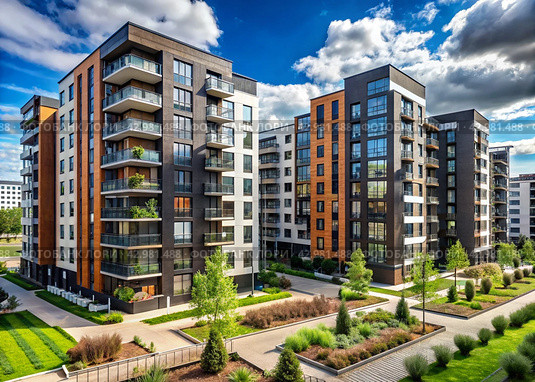 Modern high-rise residential buildings. Construction of new residential areas. New buildings. The construction business. Mortgage for new eco-friendly housing. Стоковое AI-изображение, AI-художник Photojuli / Фотобанк Лори
