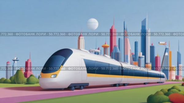 Modern high speed train passing through futuristic cityscape. Стоковое AI-видео, аниматор Юрий Поздников / Фотобанк Лори