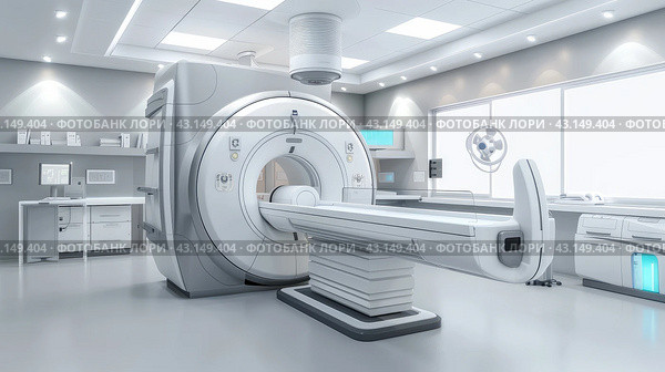 modern high-tech MRI machine in a medical office. Стоковое AI-изображение, AI-художник Александр Довянский / Фотобанк Лори