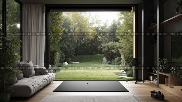 Modern home golf simulator featuring a scenic golf course in an ndoor setting. Элегантный домашний гольф-симулятор расположен в помещении, демонстрируя просторную планировку с большим экраном. Снаружи красивый ландшафт поля для гольфа дополняет современный дизайн. Стоковое AI-изображение, AI-художник Katsiaryna Repich / Фотобанк Лори