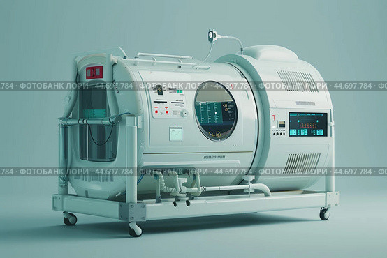 Modern hyperbaric oxygen therapy chamber standing on turquoise background. Стоковое AI-изображение, AI-художник Иван Рябоконь / Фотобанк Лори