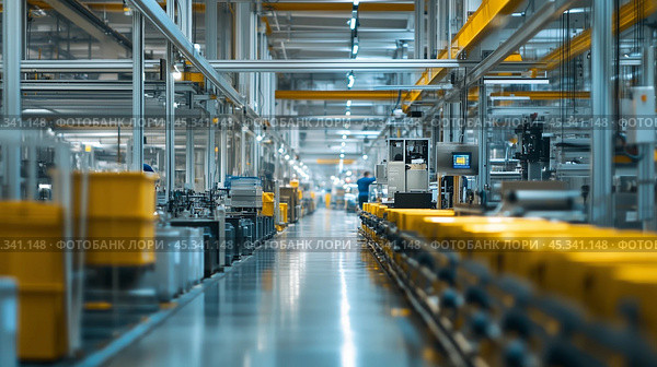 Modern industrial factory interior with production lines and machinery during daytime. Стоковое AI-изображение, AI-художник Сергей Толмачёв / Фотобанк Лори