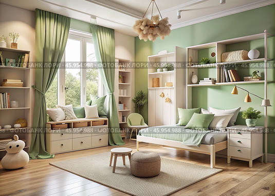 Modern interior design of a children's room with a crib, furniture, toys and personal accessories for a poster. Home decor. Pattern. Стоковое AI-изображение, AI-художник Photojuli / Фотобанк Лори