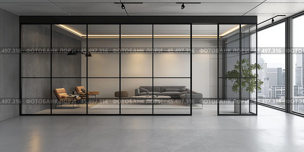 Modern interior with glass walls and windows. Стоковое AI-изображение, AI-художник Михаил Коханчиков / Фотобанк Лори