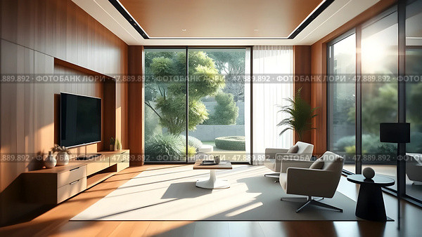 Modern luxury CEO office interior with the latest technology, wooden walls and a large window overlooking the garden. Стоковое AI-изображение, AI-художник Iva Noel / Фотобанк Лори