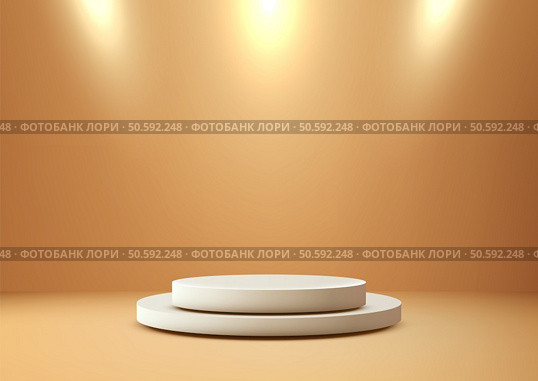 modern luxury product display mockup 3D two white circular platforms stacked on a gold surface, illuminated by spotlights against a gold gradient background, perfect for high-end showcases and presentations. Стоковая иллюстрация, агентство Ingram Publishing / Фотобанк Лори