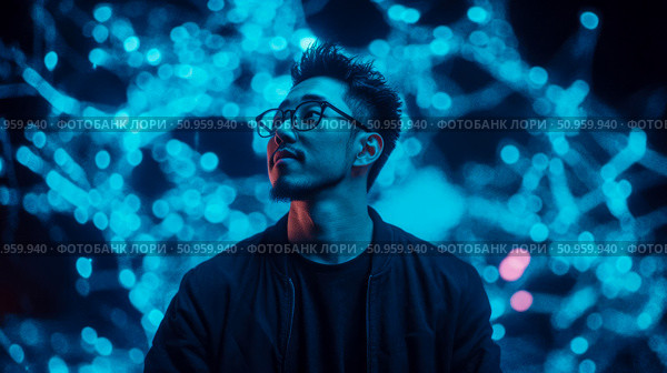 Modern man in glasses, illuminated by glowing blue data streams, reflecting on future tech, a compelling portrait for a cutting-edge platform. Стоковое AI-изображение, AI-художник Данила Большаков / Фотобанк Лори