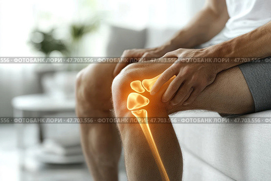 Modern medical image showing a male knee with a visualization of the joint anatomy as a digital graphic. The man is sitting on a couch, supporting his knee with his hands, which may indicate pain, discomfort or joint problems. The background is a light, blurry interior, creating a neutral, calming atmosphere. The illustration is ideal for use in the following topics: orthopedics, joint health, physical therapy, sports medicine, arthritis, rehabilitation and medical technology. Стоковое AI-изображение, AI-художник Анна Кривицкая / Фотобанк Лори