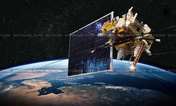 Modern meteorological satellite at the Earth orbit. Стоковая иллюстрация, иллюстратор Александр Володин / Фотобанк Лори