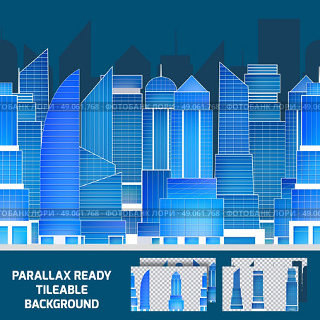 Modern night cityscape tileable parallax background . Modern glass and steel skyscrapers in city center night cityscape tileable parallax ready background abstract vector illustration. Editable EPS and Render in JPG format. Стоковая иллюстрация, агентство Ingram Publishing / Фотобанк Лори