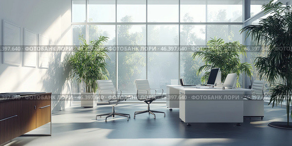 Modern office space with large windows that allow you to see the greenery outside. White and light colors dominate the interior. The room has several stylish armchairs, an office desk with two computers, and several green plants. The light and minimalist style makes the space pleasant and calm for work. Стоковое AI-изображение, AI-художник Анна Кривицкая / Фотобанк Лори