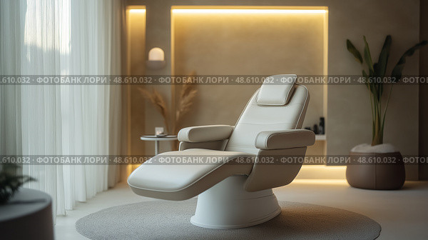 Modern relaxation chair in a serene interior design setting. Современное кресло для отдыха в безмятежном интерьере. Стоковое AI-изображение, AI-художник Katsiaryna Repich / Фотобанк Лори