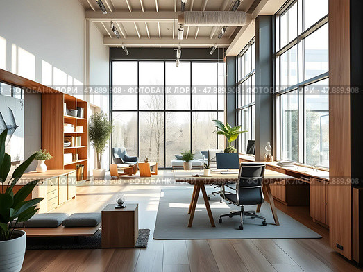Modern Scandinavian-style office interior with sleek wooden accents, minimalist decor, and an abundance of natural light pouring in through floor-to-ceiling windows. Стоковое AI-изображение, AI-художник Iva Noel / Фотобанк Лори