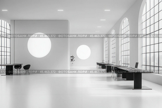 Modern spacious room for business meetings in the company office with nobody. Empowering Spaces: Embracing the Collaborative Spirit of Modern Open Space Offices. Created by AI. Стоковое AI-изображение, AI-художник Ярославский Максим / Фотобанк Лори