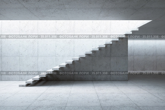 Modern staircase in concrete interior, 3d rendering. Стоковая иллюстрация, иллюстратор Дмитрий Кутлаев / Фотобанк Лори