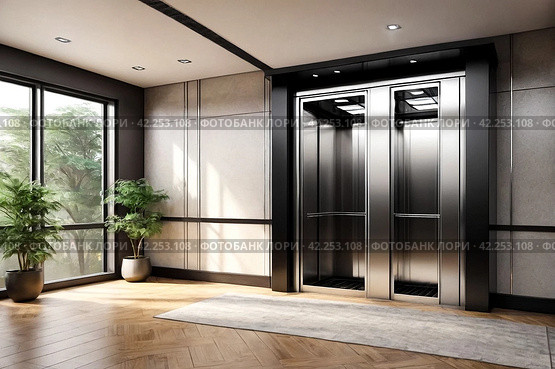 Modern steel elevator cabin in house or multi-apartment skyscraper. Background of interior floor of elevator platform with elevators and sunlight in business center. Copy space for site. Стоковое AI-изображение, AI-художник Aleksandr Golubev / Фотобанк Лори