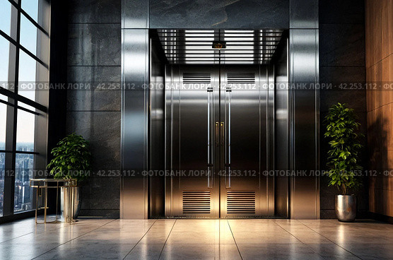Modern steel elevator cabin in house or multi-apartment skyscraper. Background of interior floor of elevator platform with elevators and sunlight in business center. Copy space for site. Стоковое AI-изображение, AI-художник Aleksandr Golubev / Фотобанк Лори