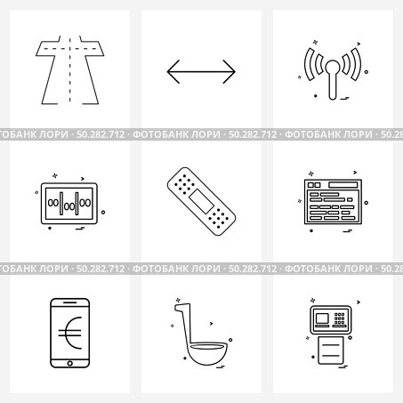Modern Style Set of 9 line Pictograph Grid based bandage, adhesive bandage, infrared, setting, equalizer Vector Illustration. Стоковая иллюстрация, агентство Ingram Publishing / Фотобанк Лори