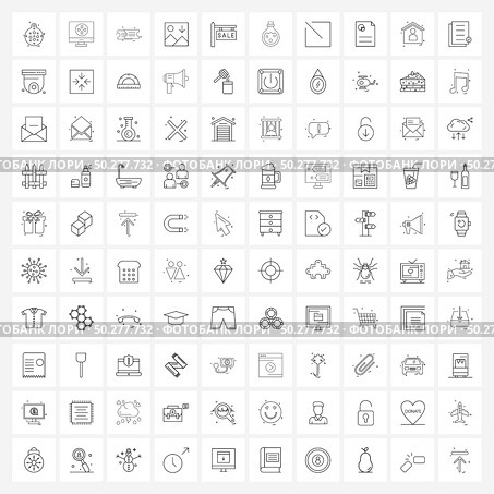 Modern Vector Line Illustration of 100 Simple Line Icons of arrow down, photo, iMac, gallery, tickets Vector Illustration. Стоковая иллюстрация, агентство Ingram Publishing / Фотобанк Лори