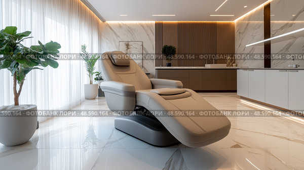 Modern wellness room with a luxury recliner in a cozy atmosphere. Современная оздоровительная комната с роскошным креслом в уютной атмосфере. Стоковое AI-изображение, AI-художник Katsiaryna Repich / Фотобанк Лори