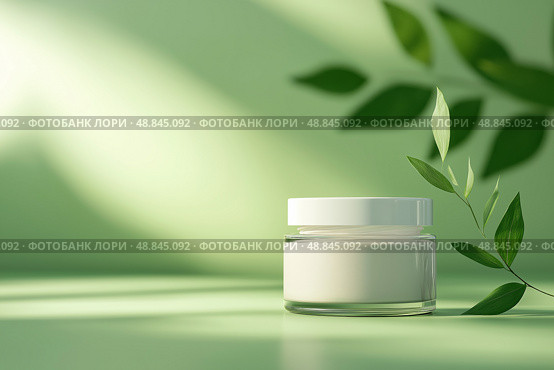 Moisturizing cream in a jar with soft texture on green background. Увлажняющий крем в баночке с мягкой текстурой на зеленом фоне. Стоковое AI-изображение, AI-художник Katsiaryna Repich / Фотобанк Лори