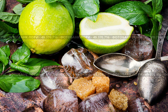 Mojito ingredients. Lime, mint and cane suga. Summer refreshing cocktail mojito. Стоковое фото, агентство Ingram Publishing / Фотобанк Лори