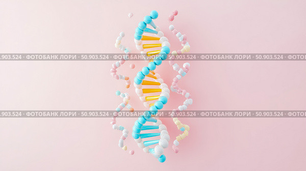 Molecular biology concept: DNA strand structure for scientific presentation. Стоковое AI-изображение, AI-художник Данила Большаков / Фотобанк Лори