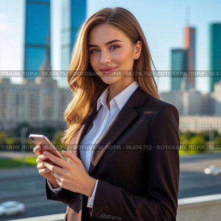 Молодая деловая женщина держит в руках смартфон. На улице, рядом с бизнес центром. Стоковое AI-изображение, AI-художник Ирина Гильмуллина / Фотобанк Лори