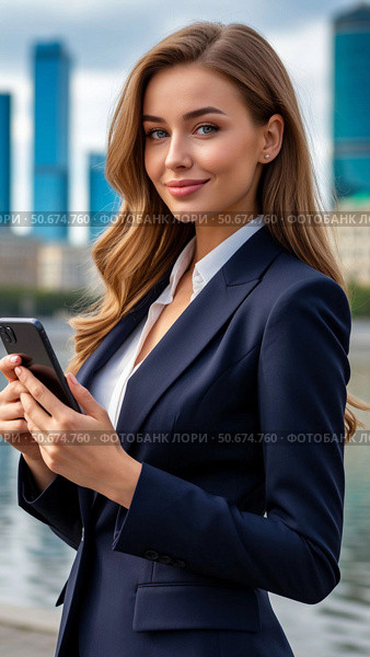Молодая деловая женщина держит в руках смартфон. На улице, рядом с бизнес центром. Стоковое AI-изображение, AI-художник Ирина Гильмуллина / Фотобанк Лори