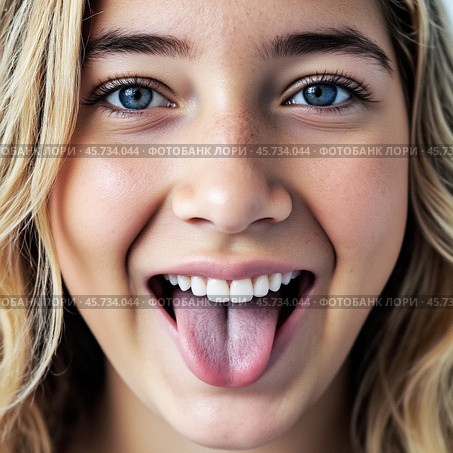 Молодая девушка с открытым ртом.Портрет. Крупный план. Young girl with open mouth. Portrait. Close-up. Стоковое AI-изображение, AI-художник Гер Олег / Фотобанк Лори