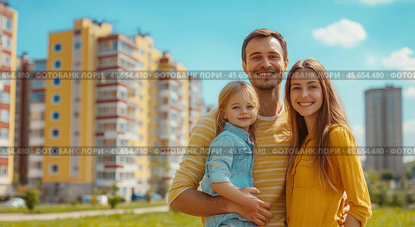 Молодая европейская семья стоит со своим ребенком перед новым жилым районом с новыми зданиями и счастливо улыбается. Концепция ипотеки и нового адреса проживания. Стоковое AI-изображение, AI-художник Ярославский Максим / Фотобанк Лори