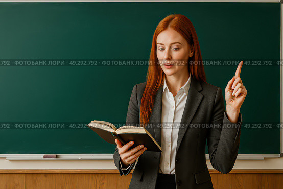 Молодая женщина-преподаватель в классической одежде (тёмный пиджак, белая рубашка), стоящая у школьной доски. Она держит раскрытую книгу в одной руке и подняла указательный палец другой, будто подчёркивая важную мысль или объясняя материал. На заднем плане — зелёная школьная доска и часть деревянной панели под ней. Сцена снята в хорошо освещённом классе, фон нейтральный, ничего не отвлекает от главного — преподавателя. Стоковое AI-изображение, AI-художник Sergey Starostin / Фотобанк Лори