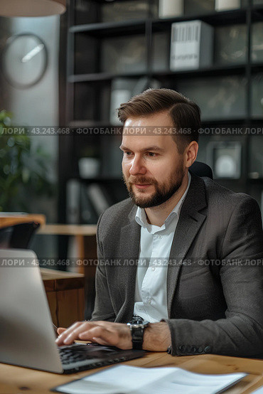 Молодой мужчина работает за ноутбуком в офисе. Стоковое AI-изображение, AI-художник Щеголева Ольга / Фотобанк Лори