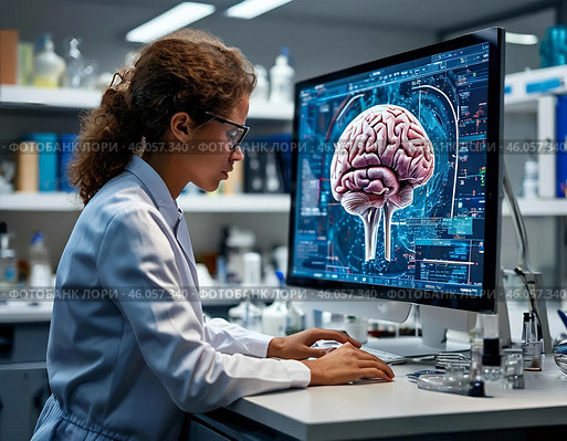 Молодой учёный изучает модель человеческого мозга. Стоковое AI-изображение, AI-художник Руслан Лесков / Фотобанк Лори