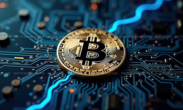 Монета биткоин, как чип на плате. Стоковое AI-изображение, AI-художник Илья Старков / Фотобанк Лори