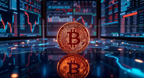 Монета биткоина на фоне графиков фондового рынка. Стоковое AI-изображение, AI-художник Anna Leeva / Фотобанк Лори