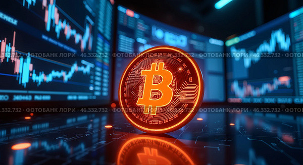 Монета биткоина на фоне графиков фондового рынка. Стоковое AI-изображение, AI-художник Anna Leeva / Фотобанк Лори