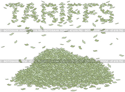 Money falling from tariffs and taxes into a huge budget pile. Стоковая иллюстрация, иллюстратор Alexey Bannykh / Фотобанк Лори