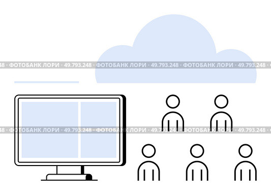 Monitor with partitioned screen, six user icons in front of blue cloud. Ideal for teamwork, remote work, cloud services, online meetings, remote learning, digital collaboration, networking. Line. Cloud Computing for Team Collaboration with Monitor and User Icons. Стоковая иллюстрация, агентство Ingram Publishing / Фотобанк Лори
