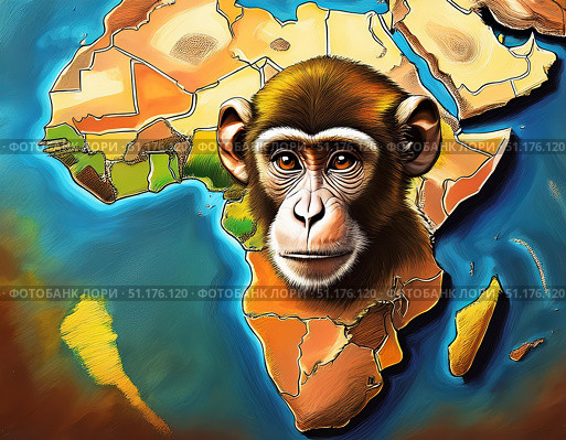 Monkey against the African continent map, symbolizing the spread of Monkeypox Virus infection. Outbreak smallpox, rash, mpox, mpxv, mpx. Highlights the virus origin, geography, and potential impact. Стоковое AI-изображение, AI-художник Андрей Ка / Фотобанк Лори