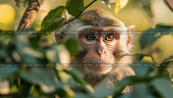 Monkey hiding behind leaves staring intently with big yellow eyes. Стоковое AI-изображение, AI-художник Юрий Поздников / Фотобанк Лори
