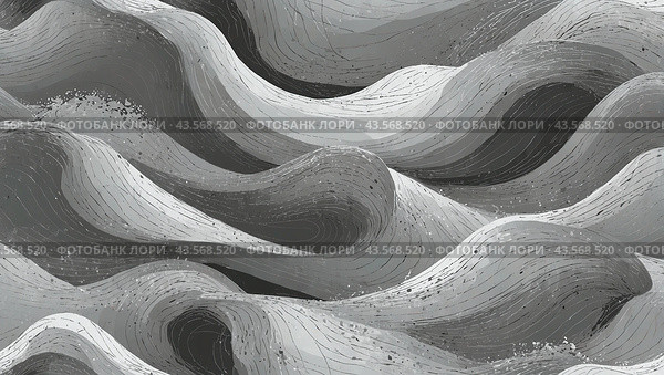 Monochromatic abstract wave design in gray tones with dynamic lines. Стоковое AI-изображение, AI-художник Tatiana Syrtseva / Фотобанк Лори