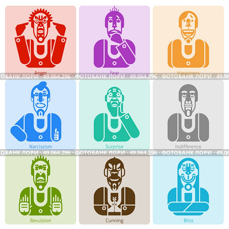 Monochrome emotions set. Monochrome male avatars with anger fear happiness and other emotions isolated vector illustration. Стоковая иллюстрация, агентство Ingram Publishing / Фотобанк Лори