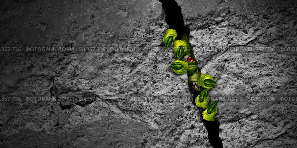 Monster breaking through and Halloween fear background or creepy green horror beast and zombie emerging out of  a cement wall crack as a very scary mutant alien creature or demon symbol in a 3D illustration style. Стоковое фото, агентство Ingram Publishing / Фотобанк Лори