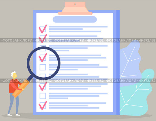 Month planning, to do list, time management, checklist. Man studying to do list with magnifier. Plan fulfilled, task completed. Person with magnifying glass looking at timetable on clipboard. Man studying to do list with magnifier. Person with magnifying glass looks at checklist on clipboard. Стоковая иллюстрация, агентство Ingram Publishing / Фотобанк Лори